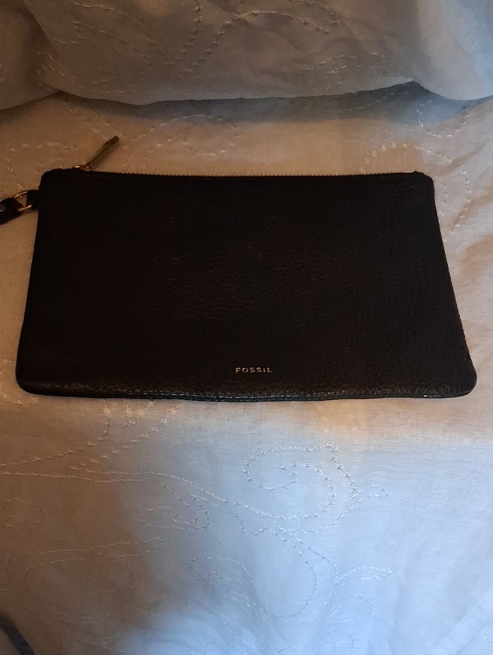 Fossil Black XL Pebbled Leather Wristlet with Gold Hardware